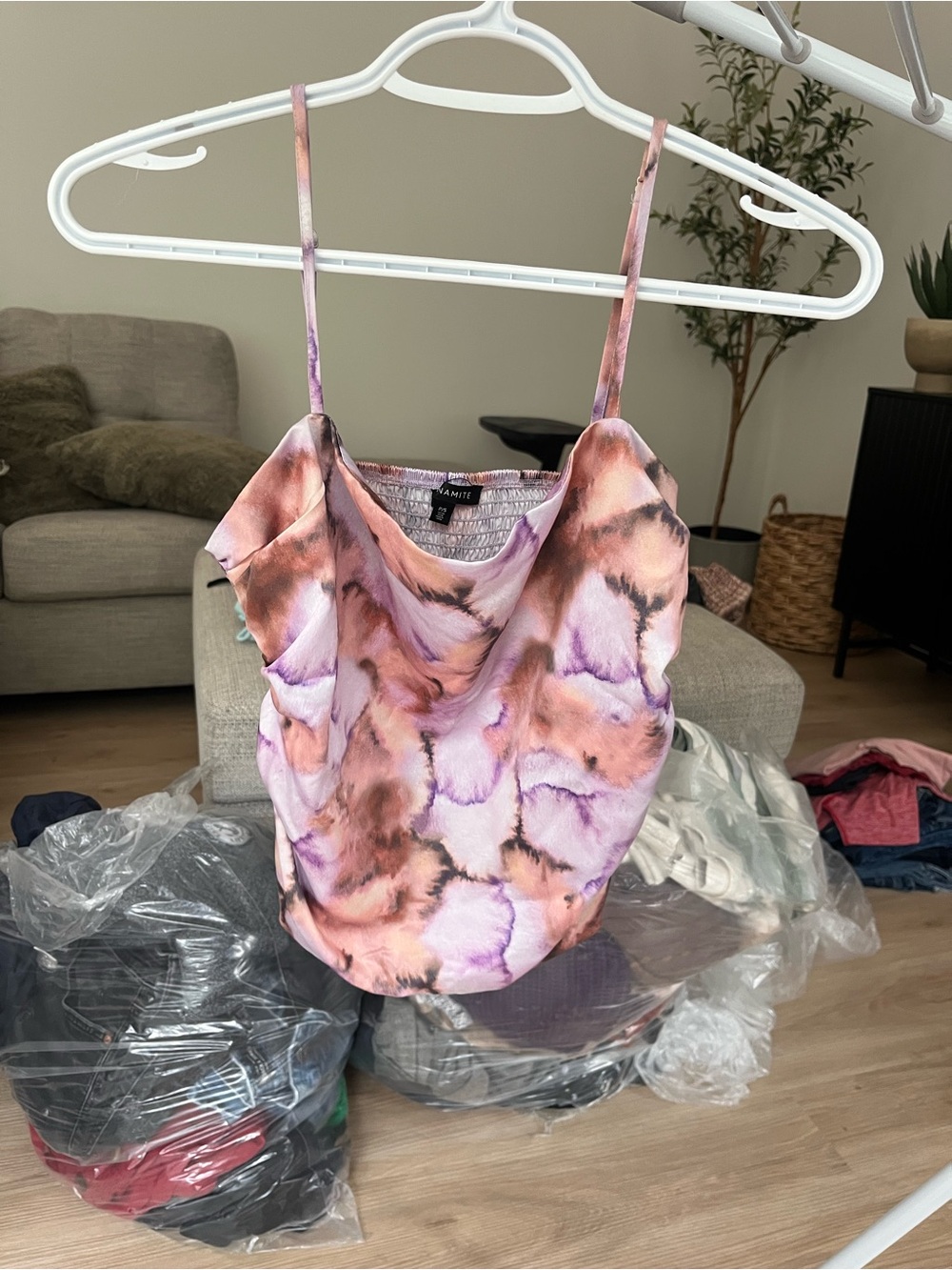 Dynamite Satin Cowl Cami in Pink & Purple Tie-Dye